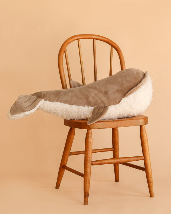 The Bukowski - Olympus Whale, a large and cuddly stuffed animal featuring a gray top and white belly, is displayed on a simple wooden chair against a beige background.