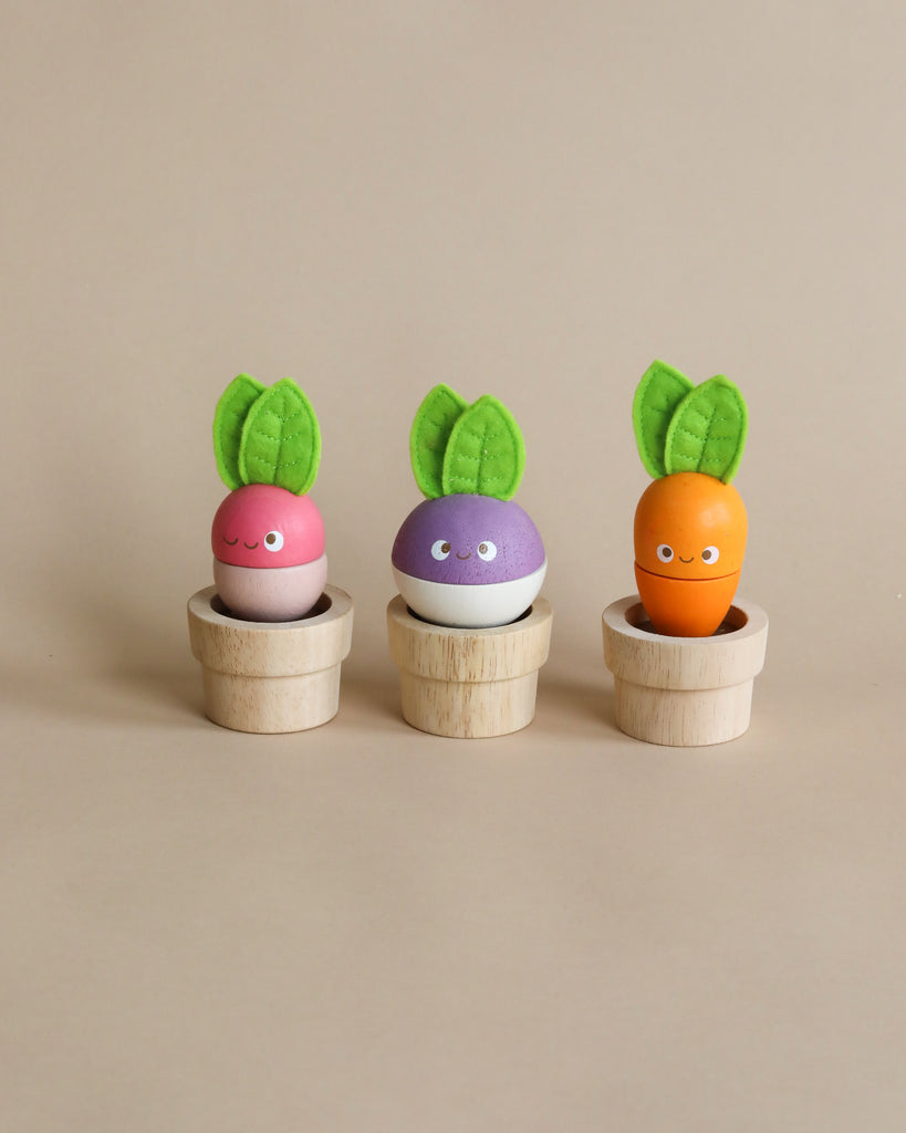 Three colorful, round egg-shaped figures with smiling faces sit in small wooden planters. From left to right, they are pink, purple, and orange. Each has green felt leaves sprouting from the top, resembling cute plant characters. Perfect for budding gardeners or as an educational Stacking Wooden Veggies toy.