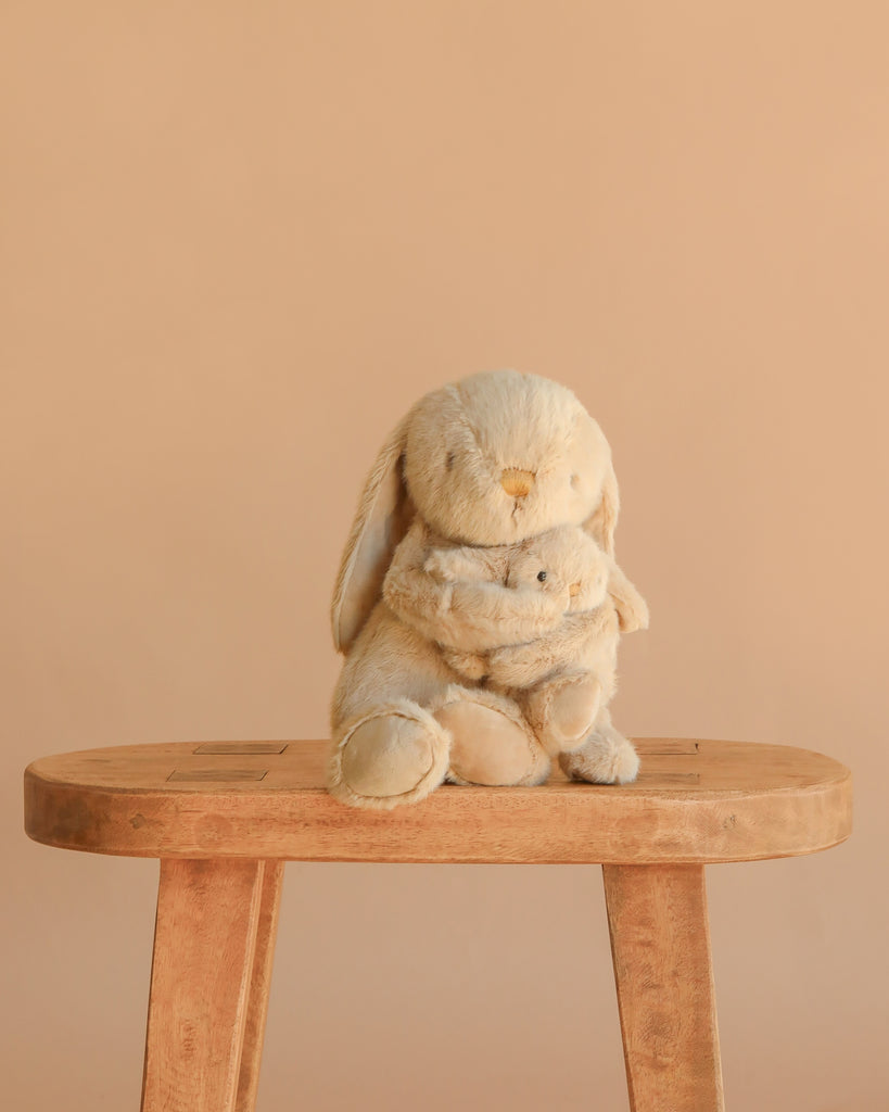Snuggle Bunnies - Frankie the Hugging Bunny - Caramel sits on a wooden stool against a plain beige background, cuddling a smaller plush toy.