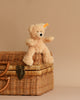 A small, light brown Steiff, Fynn Teddy Bear Plush Toy, 7 Inches sits on a woven wicker basket, its tag showing Steiff - Button in Ear. The basket is natural in color with a metal latch. The background is a neutral beige, creating a soft and cozy ambiance.