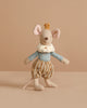 The Maileg Prince Mouse, Big Brother stands upright in a blue shirt with white ruffled collar and striped pants. Made of cotton polyester, this charming stuffed toy is set against a beige background and recommended for ages 3+.