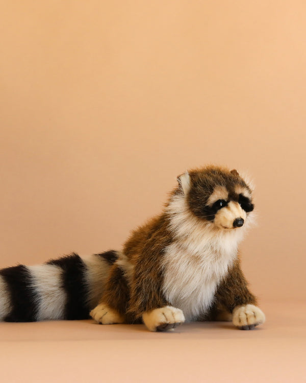 A Young Raccoon Stuffed Animal with brown, white, and black fur sits on a plain beige background, facing slightly to the left. This charming piece is part of our collection of hand-sewn animals and is crafted to capture the lifelike features found in high-quality realistic stuffed animals.