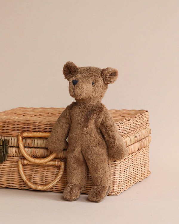 A Senger Naturwelt Bear Stuffed Animal sitting on a wicker picnic basket with a beige background. The bear, created with sustainable practices, has a slight tilt to its head and blue button eyes.