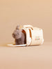 A plush gray bunny from the Konges Sloejd Take Care of Me Animals collection sits inside a small cream-colored pet carrier with its door open, set against a beige background.