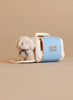 A cuddly Konges Sloejd Take Care of Me Animals plush dog sits inside a small white plastic pet carrier with a blue polka-dot door, waiting for someone to look after it.