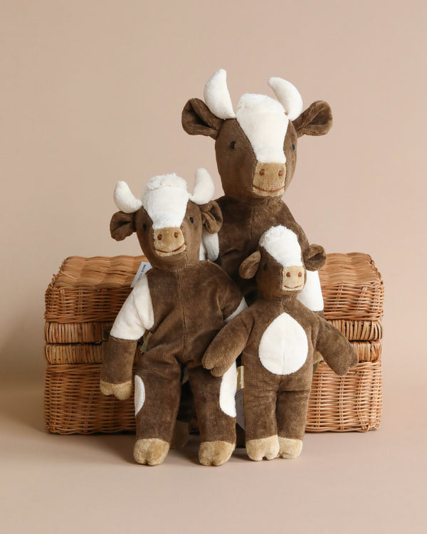 Three Senger Naturwelt Stuffed Animal - Cow of varying sizes, positioned on a wicker basket, against a neutral beige background. Each toy has brown and white coloring with soft, fluffy textures and is crafted by Senger Natur.