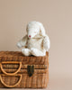 A Senger Naturwelt Cuddly Animal - White Sheep with floppy ears and closed eyes sits on a wicker picnic basket against a soft beige background.