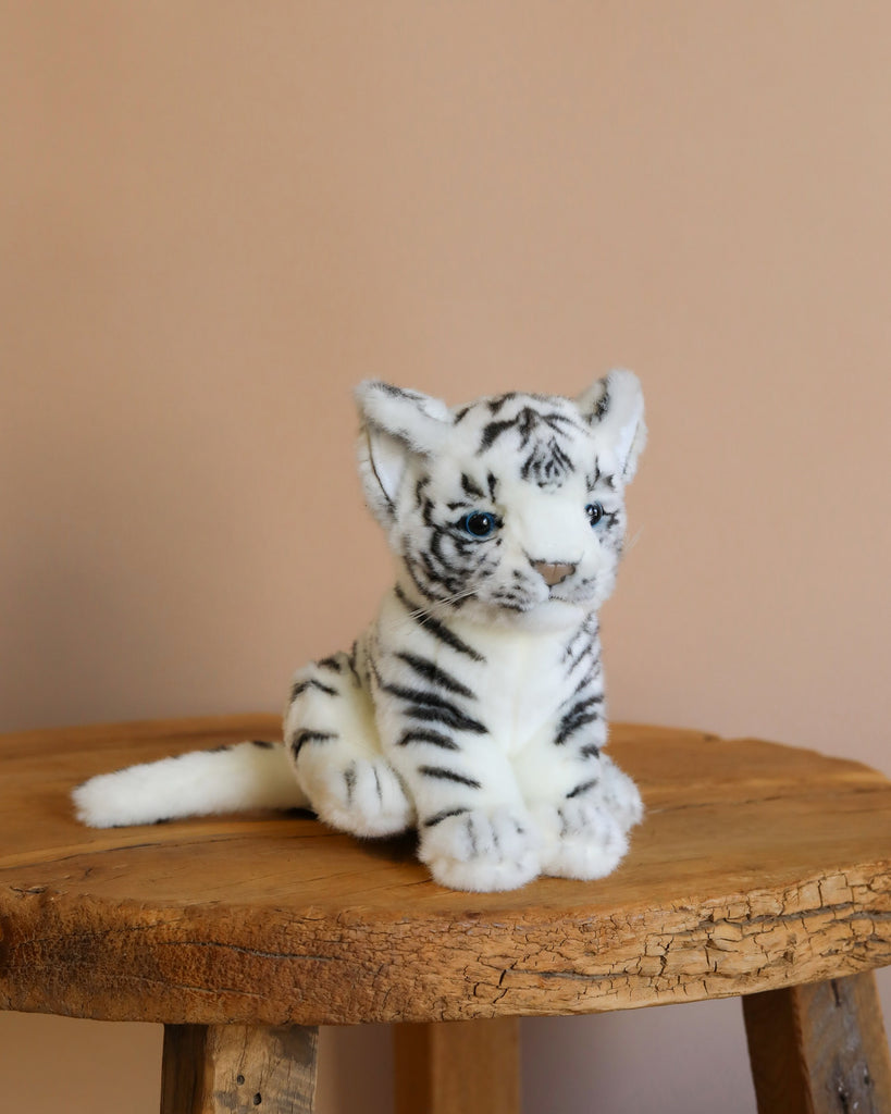 The Tiger Cub Stuffed Animal - White, a plush toy with black stripes, blue eyes, and realistic hand-sewn features, sits on a wooden table against a beige background.