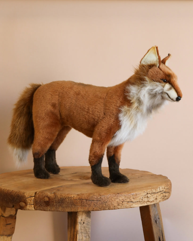 The Standing Red Fox Stuffed Animal, crafted from synthetic furs with a bushy tail, white chest, and black-tipped legs, sits on a rustic wooden stool against a beige backdrop.