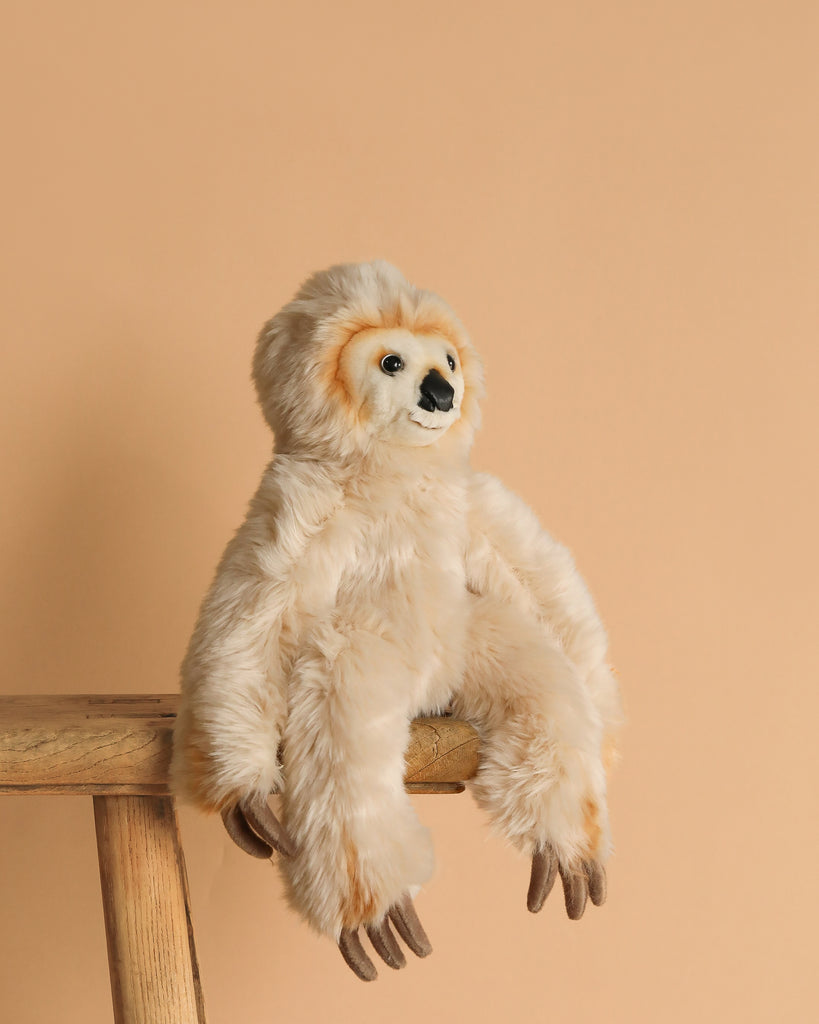 The Steiff Miguel Baby Dangling Sloth Plush Toy, 13 inches, with premium beige fur, sits on the edge of a wooden stool against a plain light peach background.