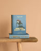A "1984 George Orwell | Collector's Edition | Hardcover" stands upright on a wooden bench, with another copy lying flat below; both books feature blue covers with vintage TV illustrations, capturing Orwell’s iconic dystopian vision.