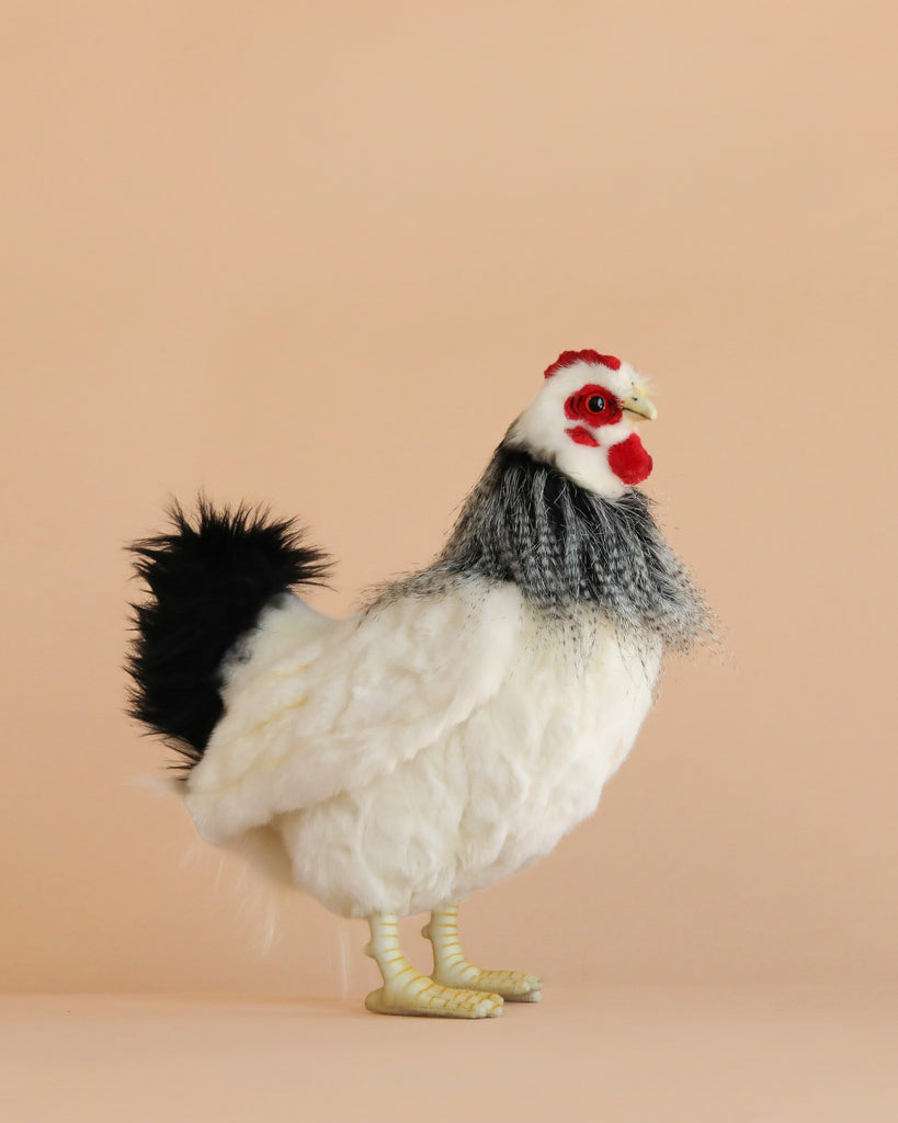 A French White Hen Stuffed Animal with black tail feathers and a red comb stands on a neutral beige background, facing right and displaying the lifelike details that are often admired in hand sewn plush toys.