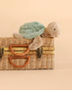 A Bukowski Baby Sandy Sea Turtle plush toy in medium size, featuring a green shell, rests atop a closed wicker suitcase with two handles against a plain beige background.