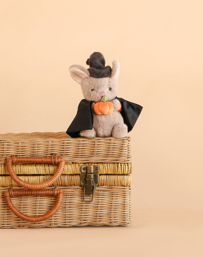A Bukowski - Mousy Witch plush, dressed in a black cape and hat and holding a pumpkin, sits atop a woven picnic basket against a beige background.
