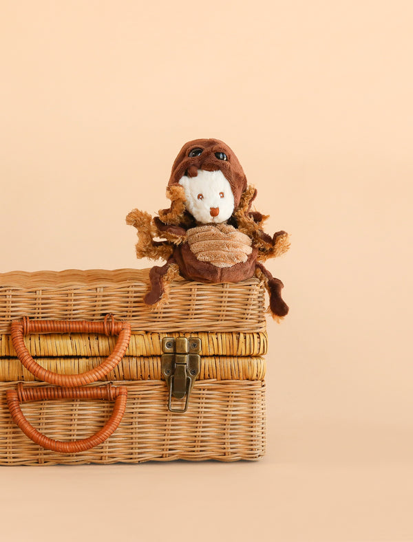 The Bukowski - Ziggy Spider plush toy, featuring a white face, sits atop a closed wicker picnic basket against a plain beige background, inviting imaginative play.