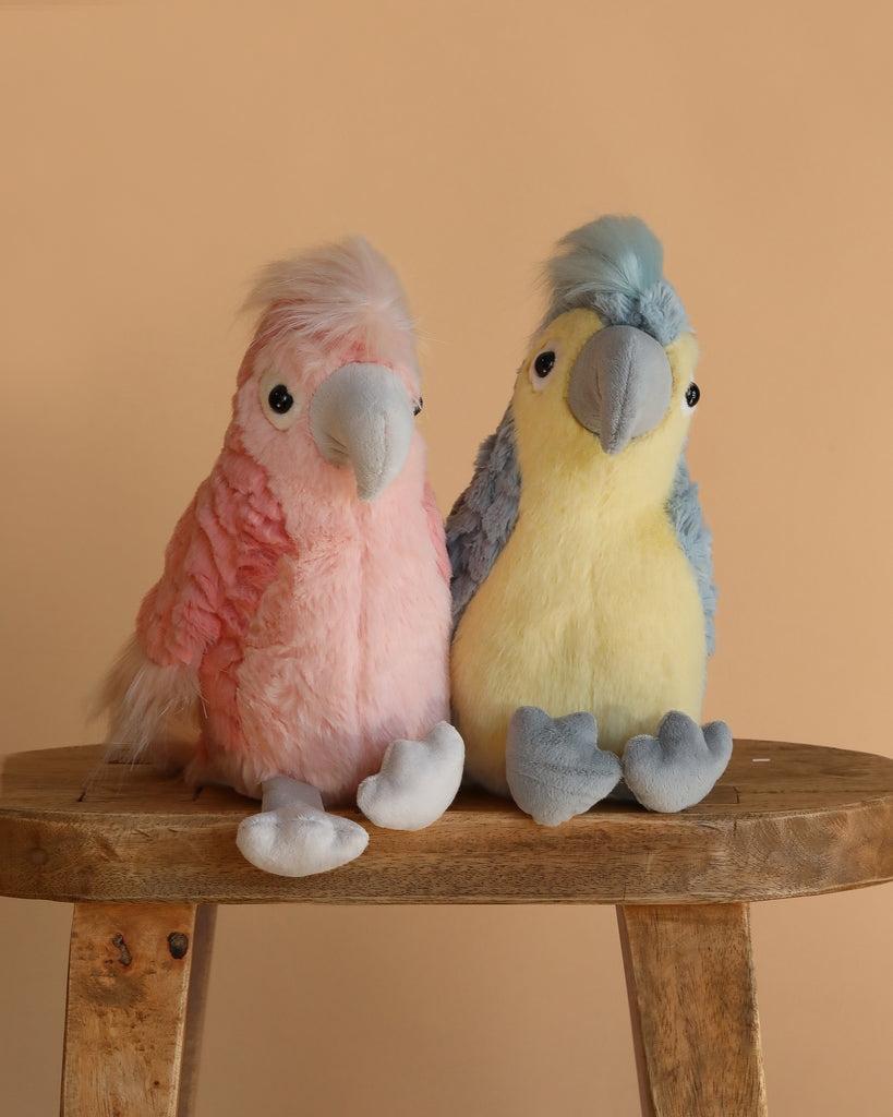 The Lulu Cockatoo Bird Plush Toy, with soft texture and big round eyes, sits beside its yellow friend on a wooden bench. Their adorable look and gentle colors make them a charming gift against the plain beige background.