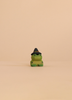 A small Bumbu Handmade Wooden Halloween Friends Set wooden frog figurine wearing a black witch’s hat with an orange band, perfect for Waldorf toys.