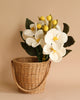 A wicker basket containing a Felt Flower Bouquet - Magnolia, featuring white petals and yellow centers, set against a soft beige background.