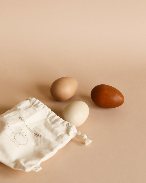 Canvas bag and 3 wooden eggs in natural color, dark brown and light brown. Beige background. 