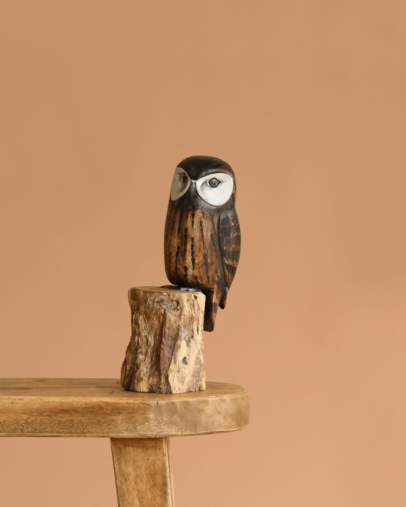 The Hand Carved Ornament - Saw Whet Owl - 10"H features a painted wooden owl with lifelike eyes, perched on a small tree stump atop a wooden bench, set against a plain light brown background.