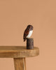 The Hand Carved Ornament - Mini Barred Owl - 5”H sits on a short sustainable softwood stump at the edge of a rustic wooden table, set against a plain beige background.