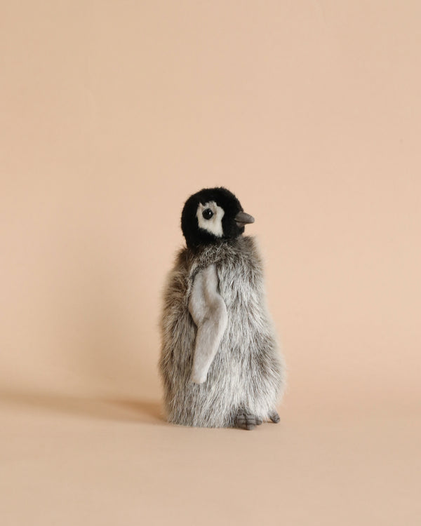 A fluffy baby penguin, resembling a Penguin Chick Stuffed Animal, stands on a soft peach-colored background, looking to the side with its wings slightly away from its body, showcasing its soft grey feathers.