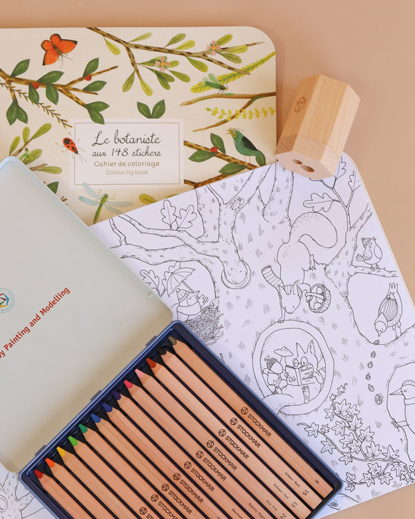The Moulin Roty Botanist Coloring Book with Stockmar Pencil Set, plus a tin box, dual pencil sharpener, and botanical sticker sheet, are displayed on a tan surface.