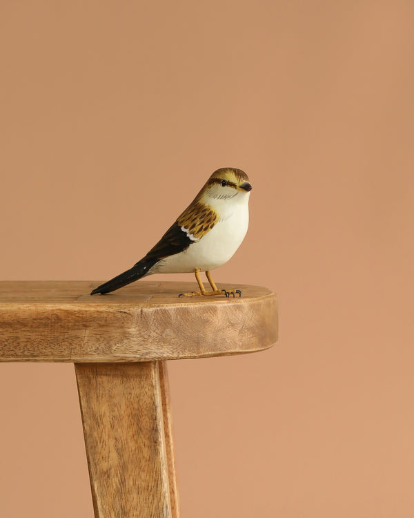 A Hand Carved Ornament - Sparrow Bird - 3.5"H, featuring brown, white, and black feathers, is perched on a wooden stool against a plain beige background.