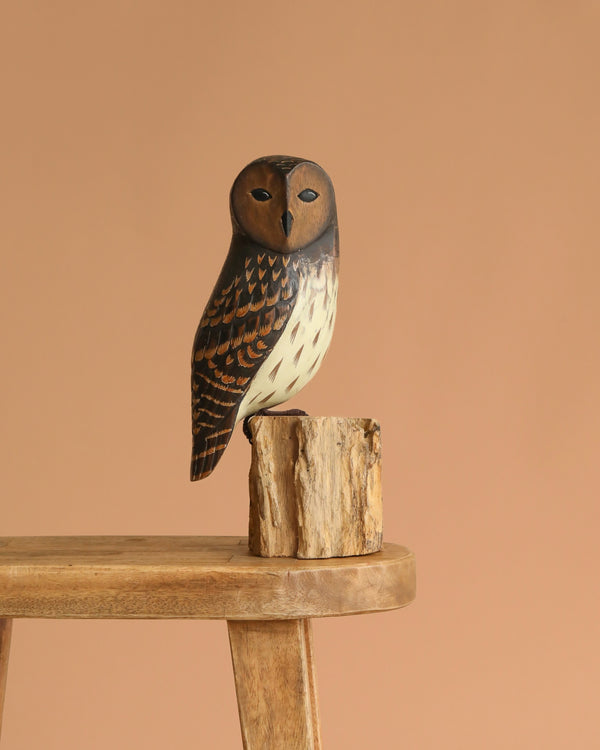 The Hand Carved Ornament - Barred Owl - 13"H features brown and white markings and is perched on a small tree stump, displayed on a wooden stool with a plain light brown background.