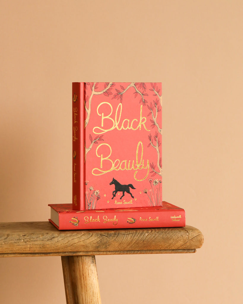 A red hardcover "Black Beauty | Collector's Edition" stands upright on a wooden bench, another copy laid flat beneath. The cover features gold lettering, floral motifs, and a galloping horse silhouette.