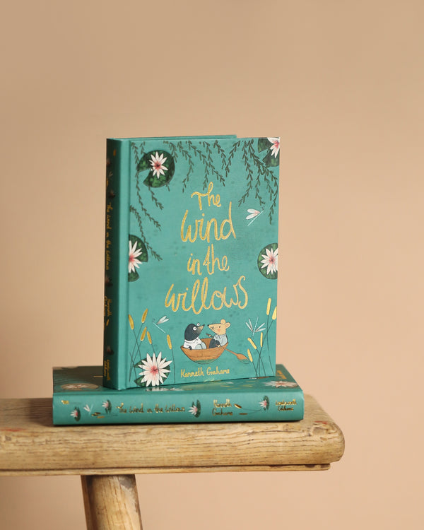 A teal hardcover Collector's Edition of "The Wind in the Willows" by Kenneth Grahame, featuring whimsical leaf, flower, and cartoon animal illustrations on its cover, stands on a wooden stool with another book lying flat beneath it.