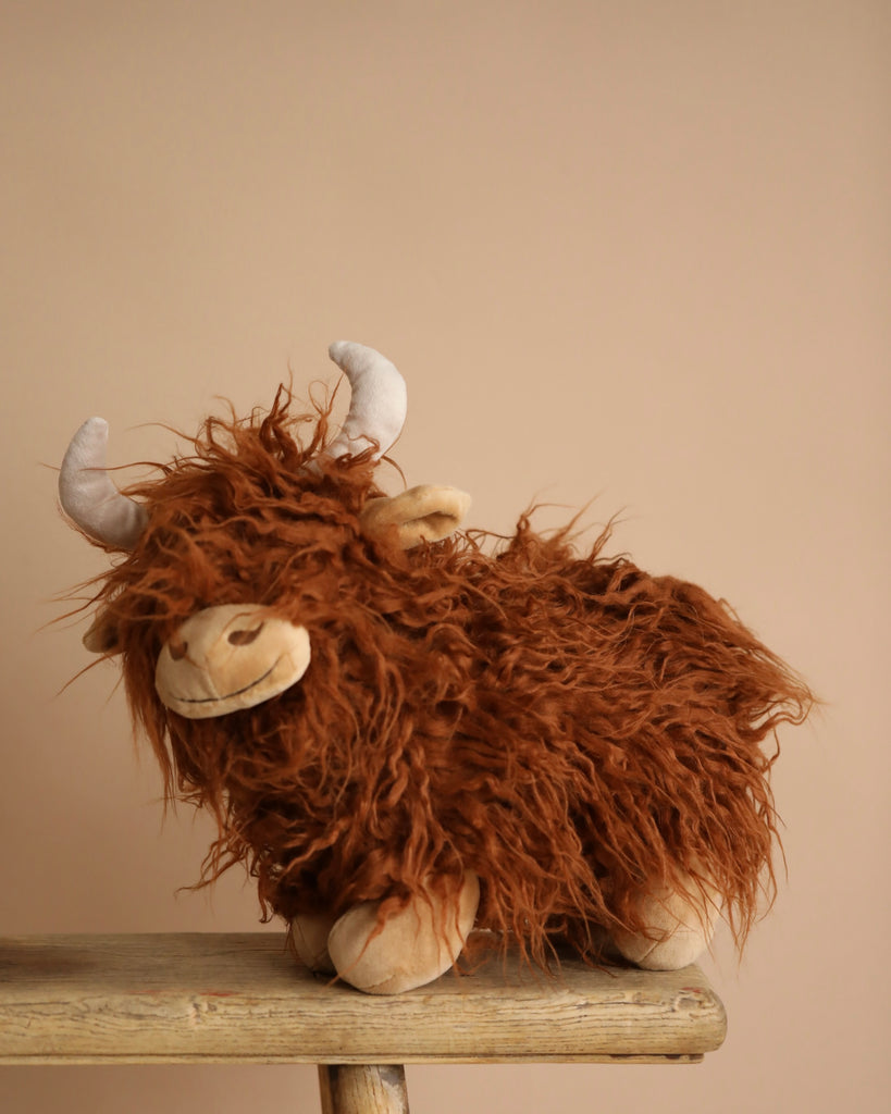 Heidi the Highland Cow Stuffed Animal, with fluffy reddish-brown fur and small white horns, sits on a wooden ledge against a beige background. Perfect for playtime or snuggling after cleaning up the day's adventures, offering children endless delight.