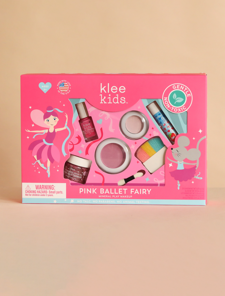 Klee Naturals Deluxe Makeup Kit - Pink Ballet Fairy in a pink box containing non-toxic nail polish, glitter gel, eyeshadow, blush, a makeup brush, and an applicator, decorated with illustrations of a fairy and a mouse.