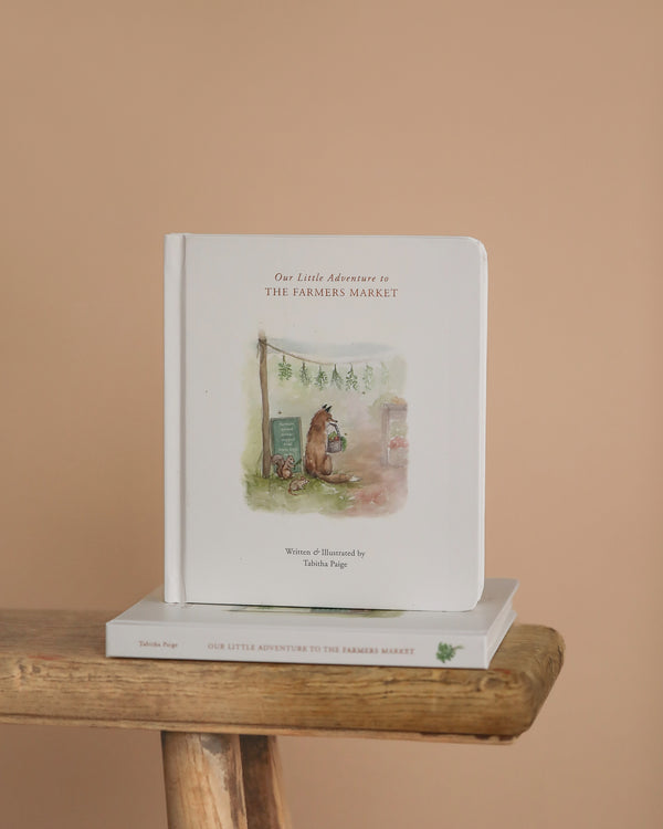 The board book "Our Little Adventures To the Farmers Market" by Tabitha Page, set on a wooden bench against a beige backdrop, showcases an illustration of a bear and rabbit with a cart at the market, emphasizing kindness in this charming children's story.