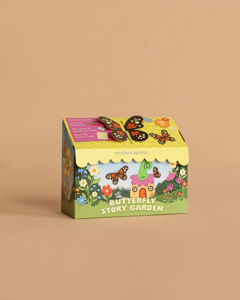 The Magical Minds Garden Kit - Butterfly Story Garden is a vibrant kids’ gardening kit with butterfly illustrations and bright flowers on green, playful scalloped yellow edges, and garden-themed art—perfect for a STEM DIY activity.