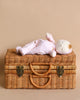 A Blossom plush doll dressed in pink patterned pajamas made from 100% organic cotton, laying on an old-fashioned wicker picnic basket with leather straps and metal buckles, set against a beige background