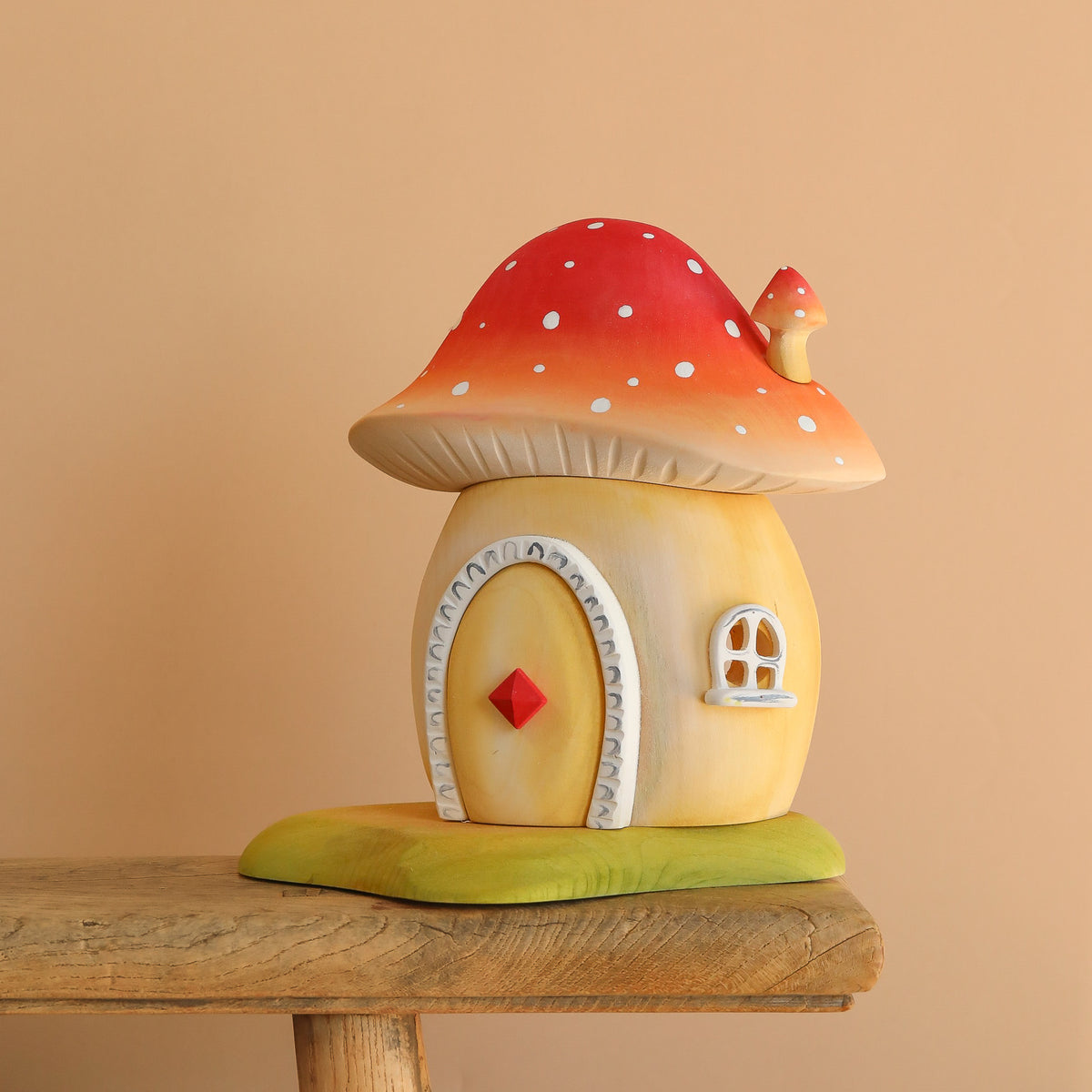 Handcrafted Mushroom Cottage Ornament – Whimsical Folk Art Fairy House