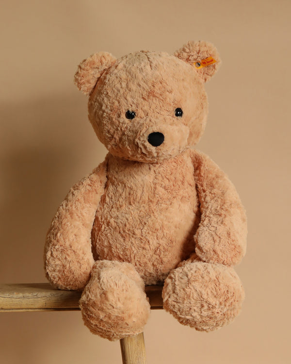 The Steiff XL Jimmy Teddy Bear, standing 22 inches tall and flaunting light brown fur, rests on a wooden stool against a beige backdrop. Its black eyes, signature Button in Ear, and small tag enhance its timeless charm.