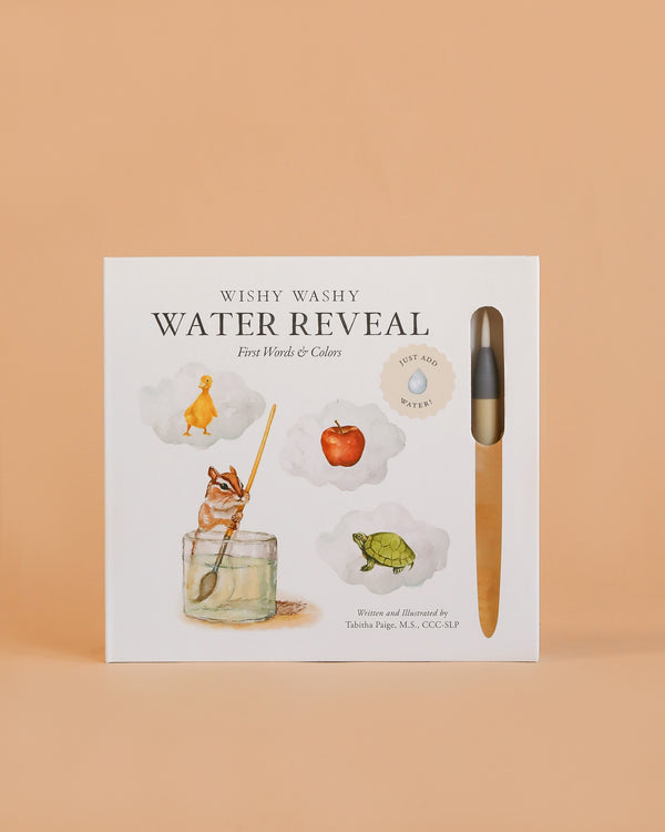 The Wishy Washy (Water Reveal Edition) set includes a reusable activity book and paintbrush with watercolor scenes of a chick, apple, turtle, and jar on a beige background—an ideal early learning gift or toddler travel toy.
