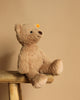 A Thommy Teddy Bear, a 12-inch brown plush toy from Steiff with a small yellow tag in its ear, sits on a wooden stool against a plain, light brown background, facing slightly to the right.