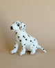 A Sitting Dalmatian Dog Stuffed Animal with black spots, sitting on a beige background. The puppy displays detailed features such as distinct eyes, nose, and a playful pose, resembling realistic.