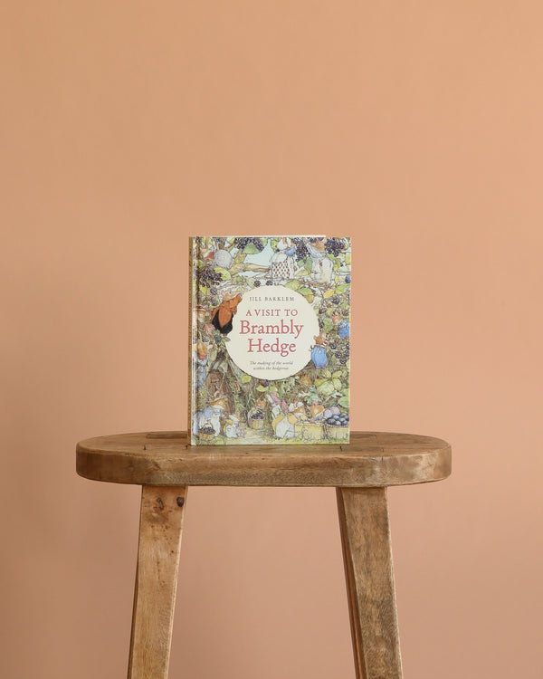 A hardcover of "A Visit to Brambly Hedge by Jill Barklem" stands upright on a wooden stool against a plain peach background, inviting you into its charming hedgerow world.