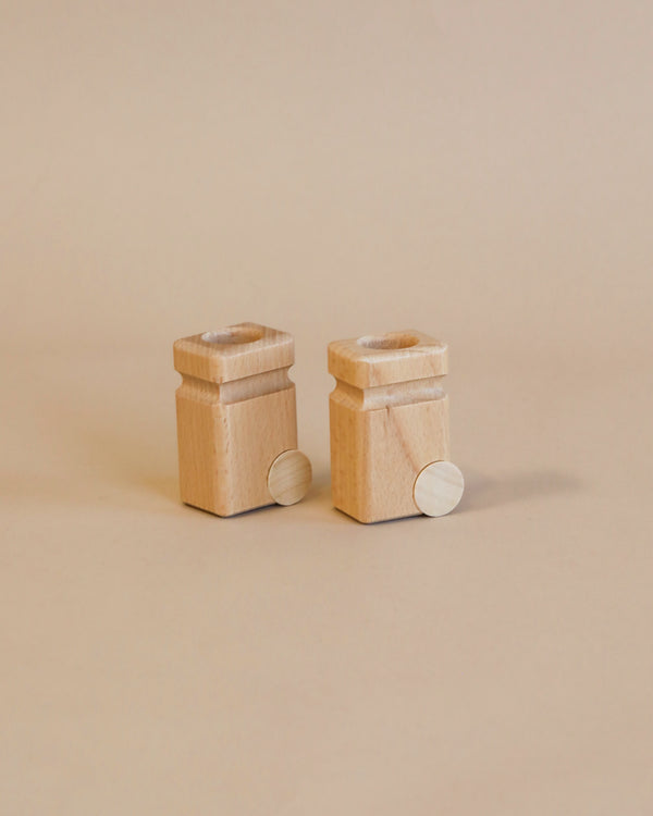 Two small handcrafted Fagus Wooden Garbage Can salt and pepper shakers with round knobs, set against a plain, light beige background.