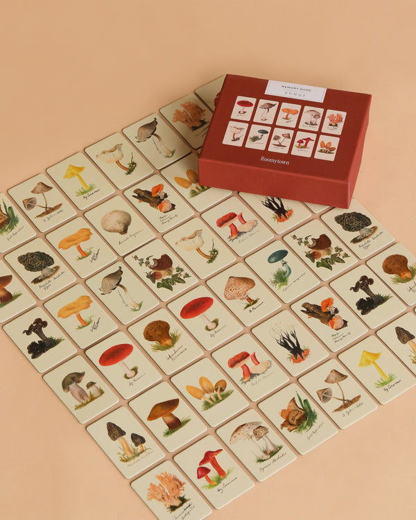 A Memory Game - Fungi is displayed, featuring vintage mushroom illustrations on matching cards. A red box labeled "Memory Game - Fungi" sits nearby, its lid showcasing samples of the fungi artwork.