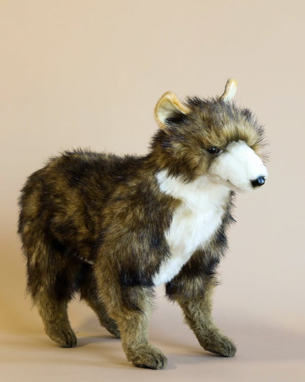 A realistic plush toy of an Adult Coyote, standing, crafted from high quality man-made materials, with detailed fur in shades of brown and gray and attentive ears, against a soft beige background.