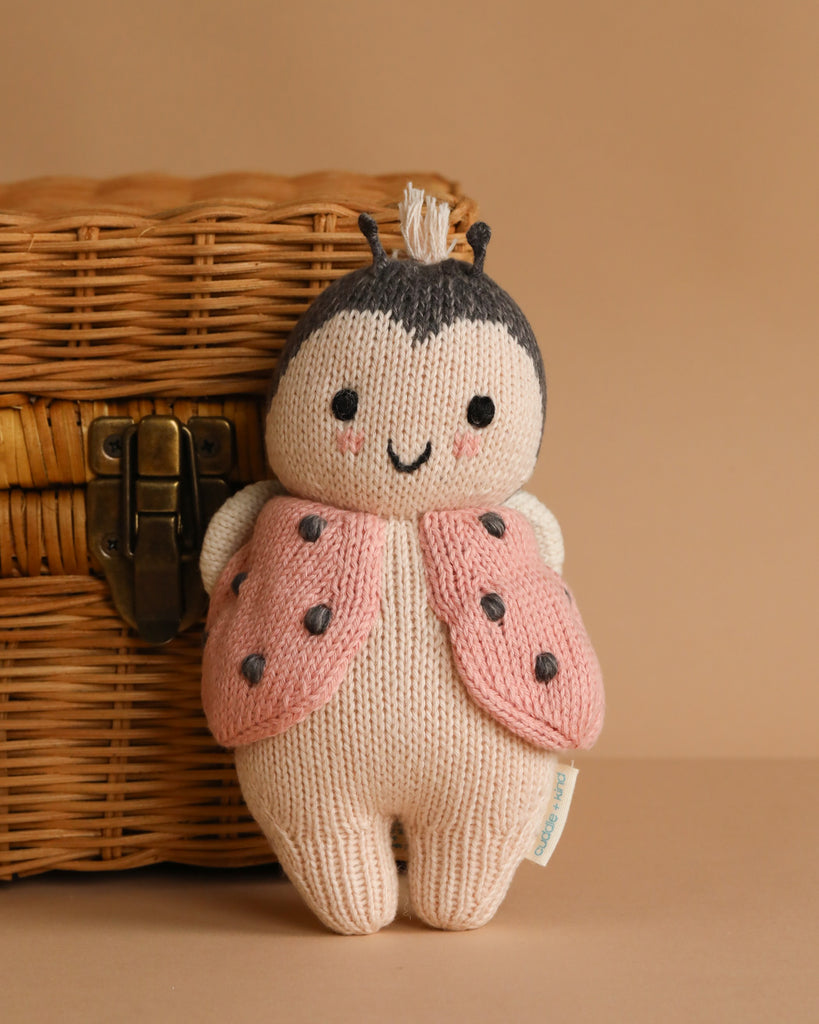 A Maileg Easter Basket Set featuring a knitted plush toy with a smiling face and antennae in a pink ladybug vest with black spots sits in front of a wicker basket on a beige background.