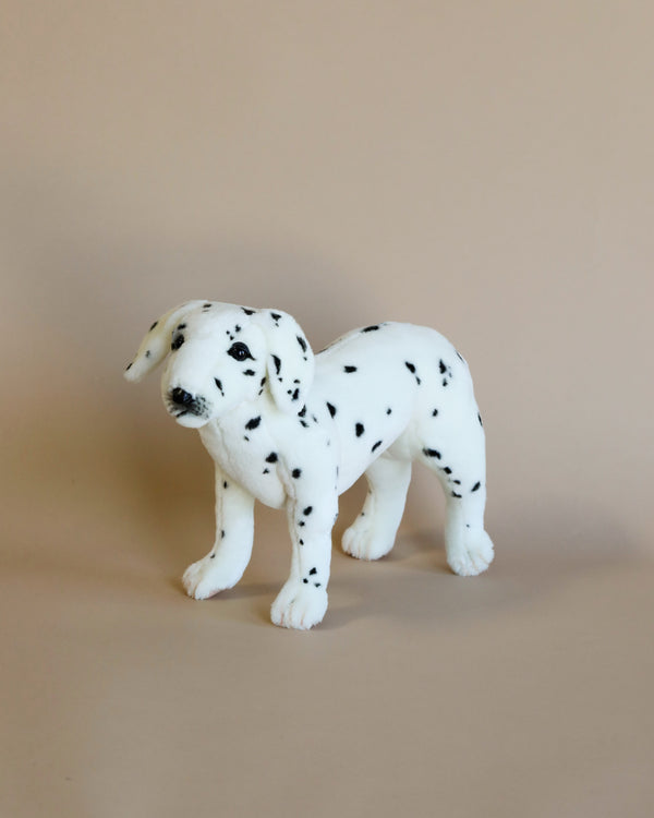A realistic plush model of a Dalmatian Puppy Dog Stuffed Animal - Standing with black spots, standing and looking to the side against a plain beige background.
