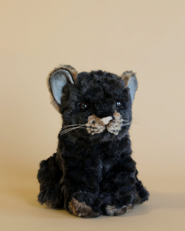 A hand-sewn Jaguar Cub Stuffed Animal resembling a young black panther with prominent ears and whiskers sits against a plain beige background. Its fur appears soft and its eyes look reflective and alert.