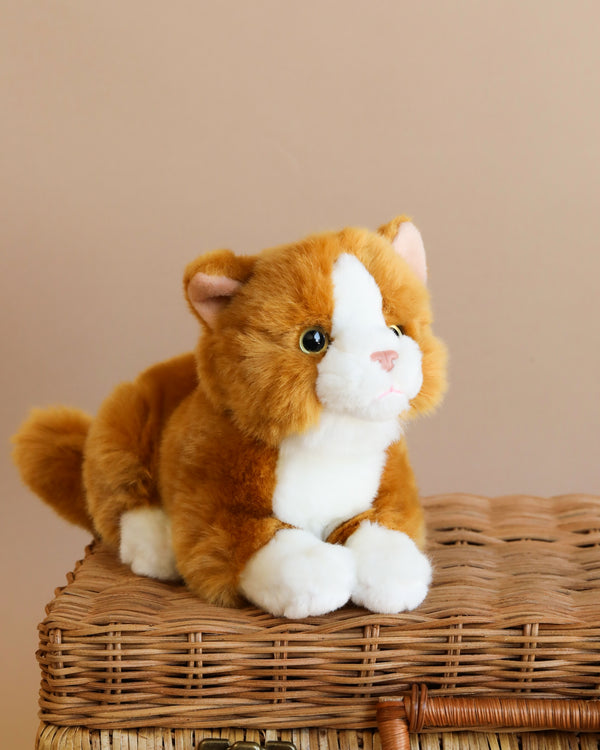 A fluffy, high-quality Teddy Hermann Orange Laying Cat Stuffed Animal sits on a wicker basket against a plain beige background. The toy has a soft, appealing appearance, featuring a white face and paws along with brown eyes.