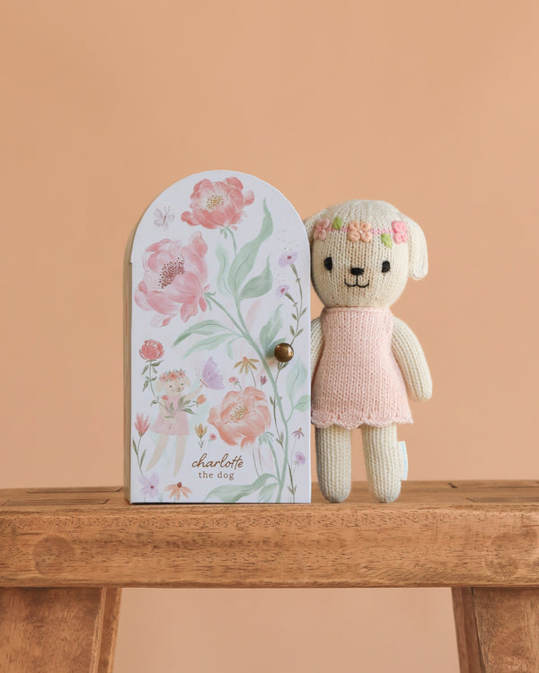 The Cuddle + Kind Tiny Charlotte The Dog, a hand-knit doll in a pink dress, stands beside a floral-patterned door labeled "charlotte the dog" on wood with a peach background. Handmade in Peru, this non-toxic toy is both charming and safe.